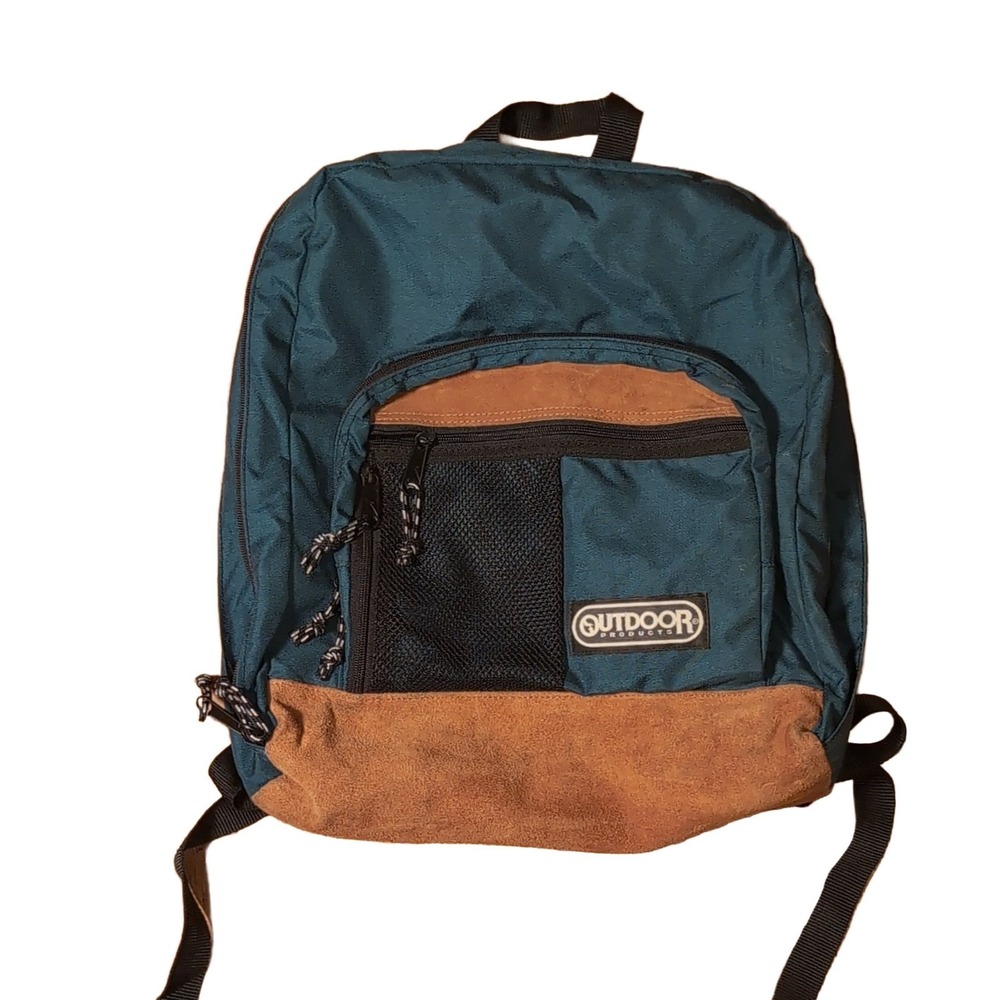 Outdoor Products Backpack Large Teal Brown Vintage‎ Nylon Suede Unisex Adults